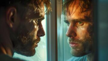 A man staring intently at his reflection in a window photo