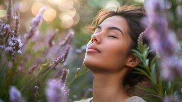 Woman enjoying the scent of lavender flowers in a sunlit garden photo
