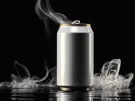 water splashing on top of blank white soda can reflected in water, smoke, product background, mock up, aesthetic, drinks and beverage, refreshing photo