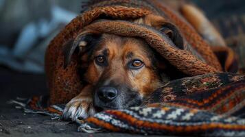 homeless dog on the street lies on the ground and is covered with an old torn blanket photo