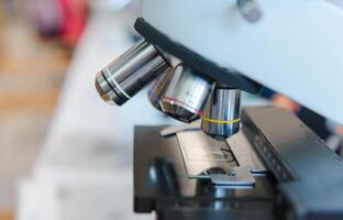 Optical microscope in laboratory. Medical equipment. Concept Science and Technology photo