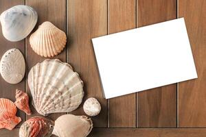 Top view of different sea shells with empty white note paper on wooden background. Summer time concept photo