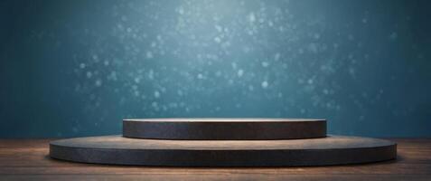 Mockup with an empty podium and blue background for product presentation. photo