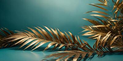 Palm leaves frame on turquoise and gold background, for wallpaper and product display. photo