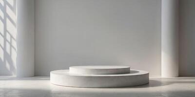 Minimalist Empty blank space Podium Stage design background of abstract blur white interior, montage, product display. photo