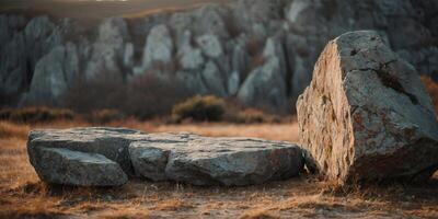 Rustic stone forest background, minimalist mockup for podium display or showcase generation. photo