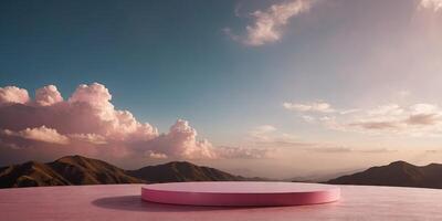 Pink podium with pink clouds background for product display. photo
