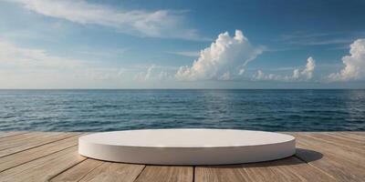 Minimal white podium displaying on wooden floor with ocean and sky background for mockup showcase display design. photo