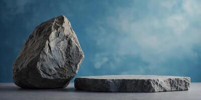 Stone rock podium for display product on blue background, for cosmetic product branding, identity and packaging presentation promotion display. photo