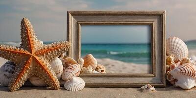Summer beach frame with starfish and shells for product display. photo