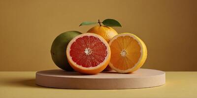 abstract minimalistic composition with geometrical forms, render of orange, lemon, grapefruit and kiwi on yellow background, podium with orange fruits, presented on a beige background. photo