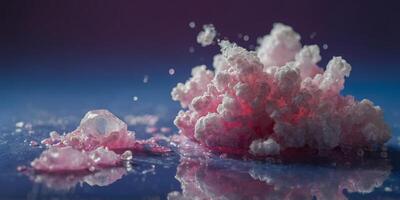 a close up of a pink and white substance on a blue and purple background with a light reflection on the bottom of the image. photo
