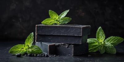 Stacked charcoal soap bars garnished with fresh mint leaves, presented on a dark slate background for a clean and modern aesthetic. photo