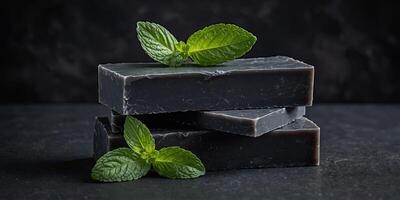 Stacked charcoal soap bars garnished with fresh mint leaves, presented on a dark slate background for a clean and modern aesthetic. photo