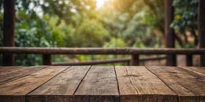 a close up of a rustic empty wooden table with blurred zoo background. photo