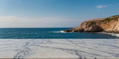 close-up of an empty marble table and blurred ocean background, clear blue sky, mockup background for product display. photo