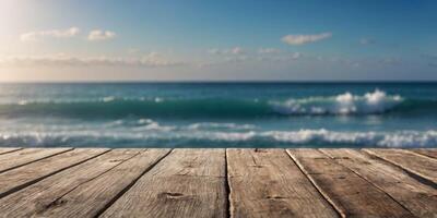 close-up of an empty wooden table and blurred wawing ocean background, blue sky, mockup background for product display. photo