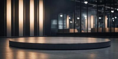 background products display in grey tone with platform stage showcase in cool light and shade blurred background. photo