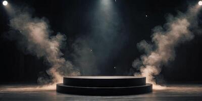 dramatic dark podium with smoke and spotlight abstract product display background. photo