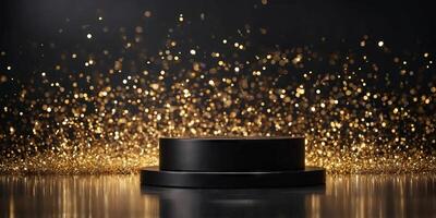 glittering black and gold podium with sparkling bokeh for product display. photo