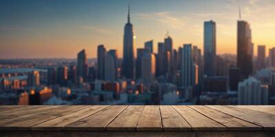 empty table top for product display with defocused city skyline background. . photo