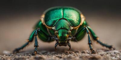 closeup of green beetle insect macro eyes antenna bug. photo