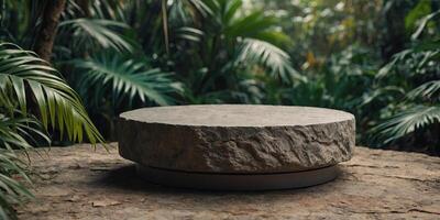 Stone round podium in tropical jungle, product presentation background. photo