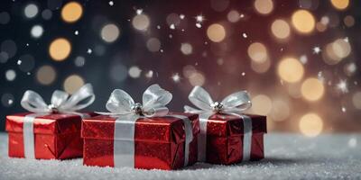christmas present background with red boxes and white bow, adorned with sparkles and snowflakes. photo