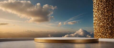 golden round podium with light clouds, a stage for a new product with an empty copy space. photo