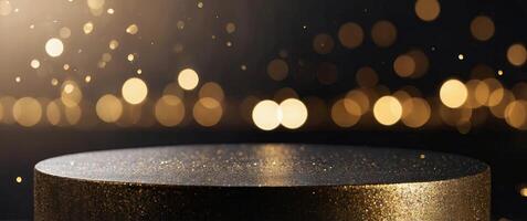 black and gold round podium with sparkles for product display. photo