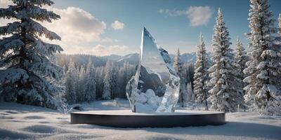 crystal clear podium for product display and presentation pedestal to showcase your product winter landscape background. . photo