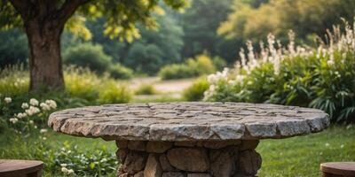 Rustic elegance in nature Empty stone table in beautiful garden providing stunning background for design and display perfect for summer relaxation. photo