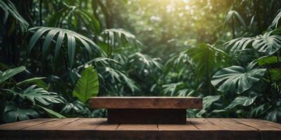 display podium on jungle leaves background. photo