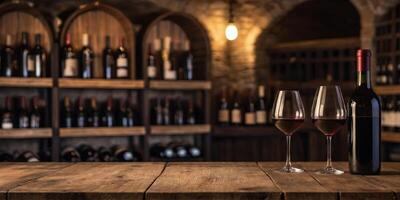empty wooden table in front blurred wine cellar in the background winery and beverage concept, background for product display. photo