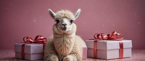 baby llama with christmas presents in pink background. photo