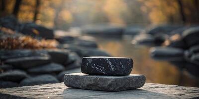 black and white stone product display podium Object presentation. photo