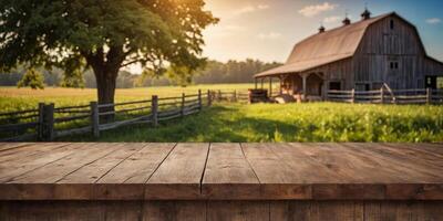 empty wooden table top for product display montages with blurred farm barns and buildings background. photo
