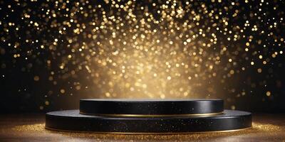 glittering black and gold podium with sparkling bokeh for product display. photo