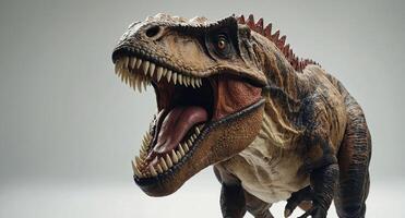 T Rex Dinosaur monstrous animal with sharp teeth breaking through the white paper background. photo