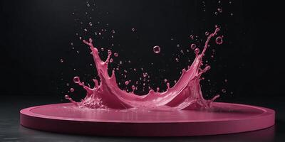 empty pink podium mockup with water splash on a black gradient background for product display. . photo