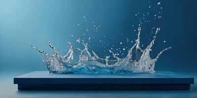 empty blue podium mockup with water splash on a blue gradient background for product display. photo