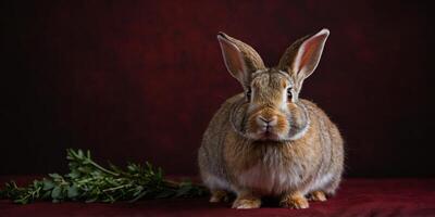 rabbit on dark red background with copy space, empty space. photo