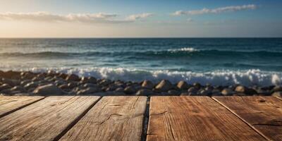 Wooden table for product display and ocean background for mockup. photo
