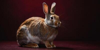 rabbit on dark red background with copy space, empty space. photo