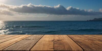 Wooden table for product display and ocean background for mockup. photo