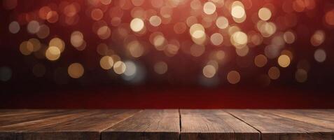 Wood table top on red background, Use as product display montage. photo