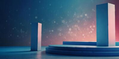 an image for a dynamic, minimalist promotional banner, featuring a podium display pedestal on a vibrant, solid blue background. photo