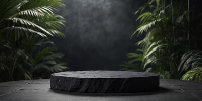 natural scene dark black podium stone with lighting product display scene For Product Presentation Background. photo