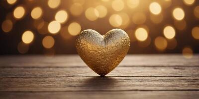 romantic valentine's day background with heart symbol in golden shades and bokeh background. photo