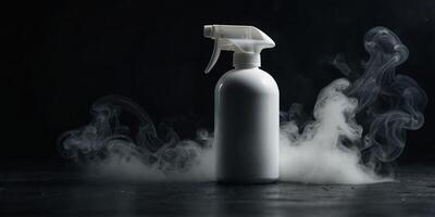 white spray bottle on a dark moody background with atmospheric smoke for product display. . photo